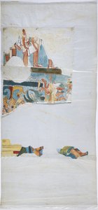 Aquarel op linnen type papier Tekening van muurschildering uit een gewelf in een grote kamer, Casa de Monjas, Chichen Itza, Mexico door Adela Breton