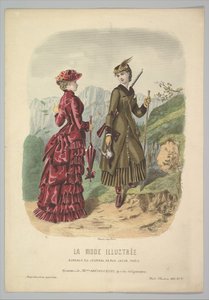 Een dame in een jachtkostuum met een dame in wandelkostuum op een bergpad uit La Mode..., 1881 door Adèle Anaïs Colin