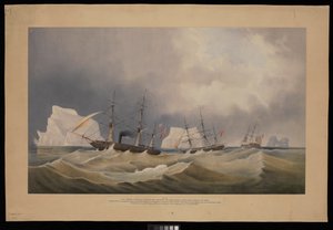 H.M.S. Phoenix met haar begeleiders, The Diligence en Breadalbane, tussen de ijsbergen door Admiral Edward Augustus Inglefield