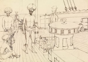 Seru [Seru Epenisa Cakobau (Thakombau)], aan boord, en Masomalua (met de hoed), okt 1849 [Fiji] door Admiral Sir Edward Gennys Fanshawe