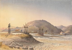 Hangbrug van huidriemen (maar gerepareerd met ketting) over de Maypu, vijf mijl ten zuiden van Santiago, Chili, 11 januari 1851