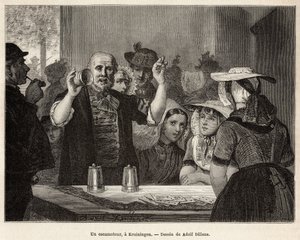 Een retracteur, in een herberg in Kruiningen, voert zijn nummer op voor aandachtige toeschouwers, gegraveerd naar de tekening van Adolf Dillens, illustrerend een reis naar Zeeland (Nederland), in 1873, door Charles de Coster, gepubliceerd in 