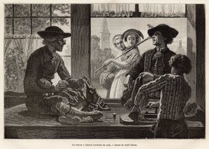 Een kleermaker en zijn leerling, werkend aan de rand van het raam om te genieten van het licht en het schouwspel van de voorbijgangers op straat, in Rilland (Zuid-Beveland), gravure naar de tekening van Adolf Dillens, ter illustratie van een reis naar Zela door Adolf Alexander Dillens