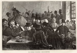 Scène in een herberg, in Vrouwe-Polder (Vrouwe Polder), gravure naar de tekening van Adolf Dillens, ter illustratie van een reis naar Zeeland (Nederland), in 1873, door Charles de Coster, gepubliceerd in 