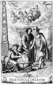 Frontispice van Machina Coelestis door Johannes Hevelius, gegraveerd door Jeremias Falck, 1673