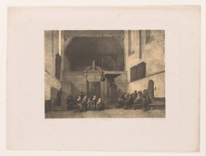 Kerkinterieur met figuren door Adolf Carel Nunnink