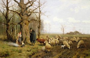 Kinderen met een herder en schapen in een landschap door Adolf Ernst Meissner