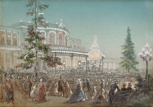 Viering van het 25-jarig jubileum van de Tsarskoe Selo-spoorweg op het Pavlovsk-treinstation Concert Hall door Adolf Charlemagne, gouache op karton door Adolf Jossifowitsch Charlemagne