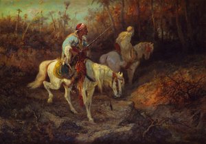 Arabische ruiters aan de rand van een bos door Adolf Schreyer