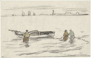 Drie in het water staande mannen halen een zeilboot naar de kant door Adolf le Comte