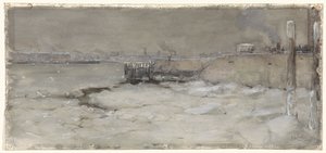 Het kruien van het ijs op de Maas te Rotterdam door Adolf le Comte