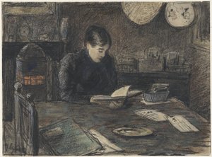 Lezende vrouw aan een tafel door Adolf le Comte
