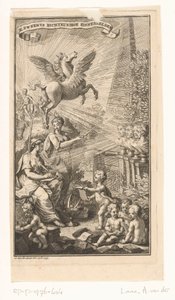 Allegorische voorstelling met schrijvende vrouw, bustes, Pegasus en Apollo door Adolf van der Laan