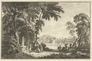Arcadisch rivierlandschap met figuren die een beeld aanbidden