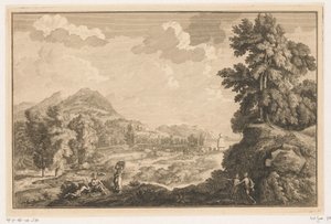 Arcadisch rivierlandschap met herders en vrouw met een wasmand