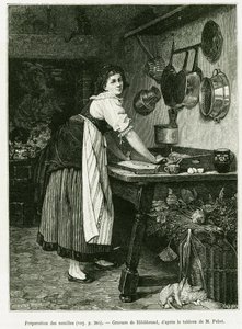 Noodle voorbereiding. Gravure door Hildibrand, ter illustratie van het verhaal 