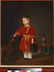 Portret van een jongen in een rode jurk met militair speelgoed