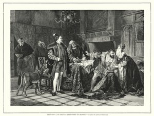 Koning Frans I van Frankrijk gevangen in Milaan na zijn nederlaag in de Slag bij Pavia door Adolph (after) Treidler