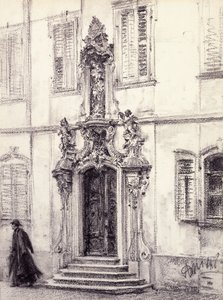 Een man die de trap van een gebouw met een barok portaal afdaalt, 1884 door Adolph Menzel