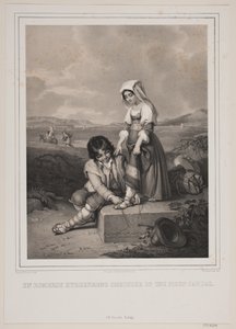Een Romeinse herdersjongen bindt de sandaal van een jong meisje vast door Johan Adolph Kittendorff
