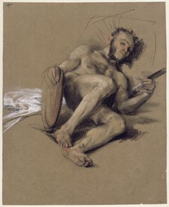Naaktstudie, een man met een baard die aan de linkerkant op de grond ligt, met een zwaard en een schild in zijn handen; studie ter gelegenheid van de meerderjarigheid van de kroonprins in 1850 door Adolph Menzel
