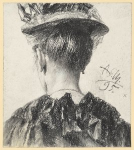 Buste van een vrouw met hoed, gezien van achteren door Adolph Menzel