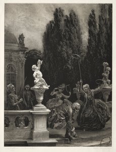 Essay on Stone with Brush and Scraper: Spelen met Hoepels op het Kasteelterras, 1851 door Adolph Menzel