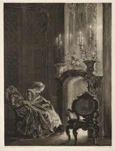Essay op steen met penseel en schraper: Vrouw die leest bij de haard, 1851