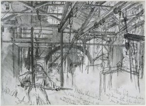 Halle in de walserij van Königshütte. Studie over „De ijzerwalserij. Moderne cyclopen” door Adolph Menzel