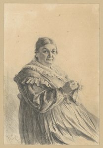 Zittende oudere vrouw met een gebreide kous door Adolph Menzel