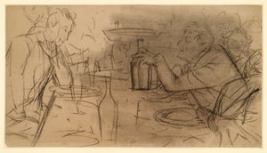 Twee heren die tegenover elkaar aan een tafel in een café zitten en een gesprek voeren door Adolph Menzel