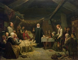 De zieke berenjager. Het laatste sacrament door Adolph Tidemand