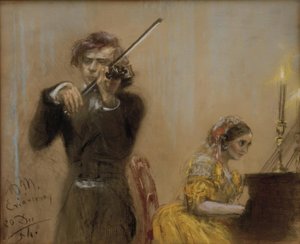 Clara Schumann en Joseph Joachim musiceren