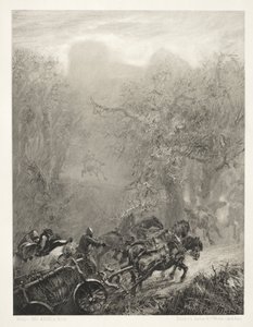 Essay over steen met penseel en schraper: Het konvooi van gevangenen door een bos door Adolph Menzel