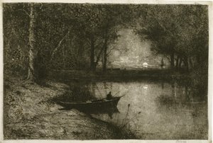 Visser in een roeiboot, aan de rand van een rivier