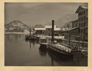 Rivierschepen op hun winterligplaats, Zwitserland door Adolphe Braun