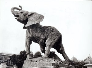 Jonge olifant gevangen in een val (1878) door Emmanuel Fremiet (1824-1910) voor het Trocadero Paleis, gebouwd voor de Wereldtentoonstelling (1878), Parijs, 1888 door Adolphe Giraudon
