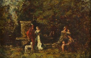 Elegante figuren in een bosrijke open plek, ca. 1860-80