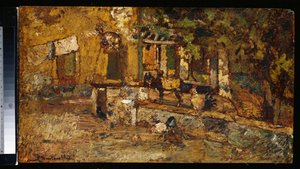 Boerenerf met een ezel en hanen door Adolphe Joseph Thomas Monticelli