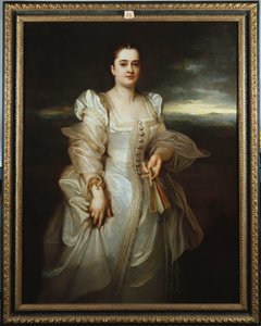 Portret van een Dame in een Witte Jurk geborduurd met Parels
