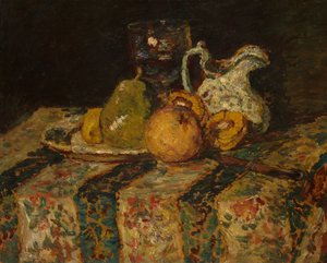 Stilleven met fruit en wijnkan