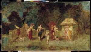 Jonge vrouwen herenigd in een park door Adolphe Joseph Thomas Monticelli