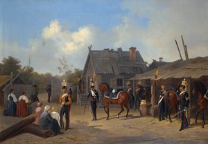 Bivak van soldaten in een dorp