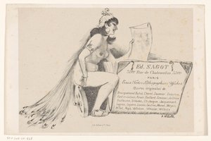 Visitekaartje van prenthandelaar Edmond Sagot te Parijs door Adolphe Leon Willette