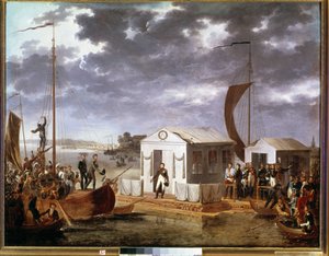 Interview van Tilsit tussen Napoleon I en tsaar Alexander I van Rusland op de rivier de Niemen op 25 juni