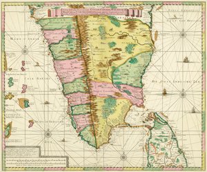 Kaart van Zuid-India en Ceylon, naar een werk gemaakt circa 1720 door de Nederlandse cartograaf Adriaan Reland