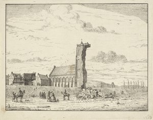 Ingestorte toren te Egmond aan Zee, 1741 door Adriaan Spinder