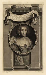 Elisabeth Stuart, koningin van Bohemen, keurvorstin van de Palts, vrouw van Frederik V, de Winterkoning. Elisabeth, Reine de Boheme. In jurk met gewatteerde gespleten mouwen, kanten kraag met parels. Vignet van vrouw die een gevallen kroon overpeinst. Kop door Adriaan van der (after) Werff