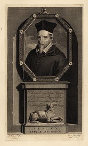John Lesley, Schotse historicus en bisschop van Ross. Eveque de Rosse. Hond met sleutel. Kopergravure door Pieter Stevens van Gunst door Adriaan van der (after) Werff