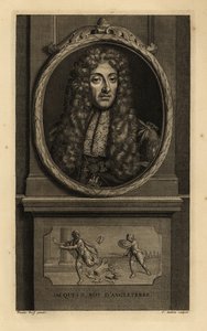 Koning James II van Engeland, James VII van Schotland, Jacques II Roy d’Angleterre. In pruik, kanten halsdoek, ketting met figuur van St. George en de draak. Vignet toont een Romeinse keizer die zijn kroon verliest aan een soldaat. Kopergravure door Jean A door Adriaan van der (after) Werff